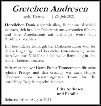 Traueranzeigen Von Gretchen Andresen Sh Z Trauer