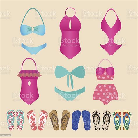 Summer Colorful Set Of Flipflops And Swimsuits Isolated Stock