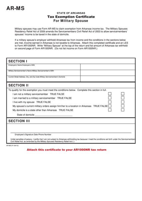 Fillable Form Ar Ms Tax Exemption Certificate For Military Spouse