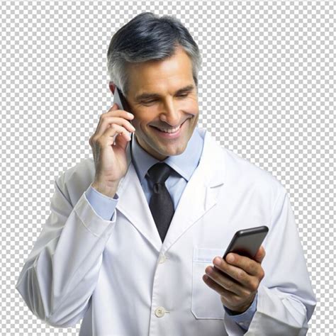 Premium Psd Man In Lab Coat Using Phone