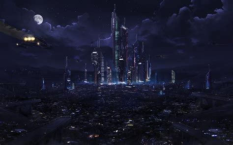 Science Fiction Futuristic City Night Sky Digital Art Moon Night