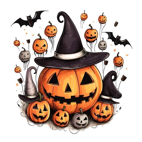 Halloween Party Card With Witch Hat Ghost Pumpkin Skull Png