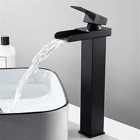 High Basin Waterfall Mixer Tap Matt Black Rectangular Hot Cold Adjustable Square Bathroom For