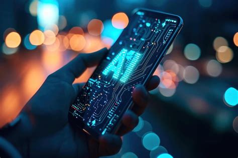 Ручной смартфон с искусственным интеллектом ии буквы на экране ...