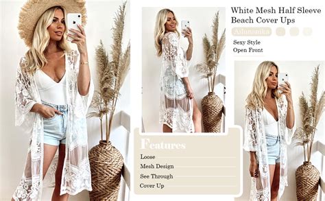 Ailunsnika Womens Mesh Lace Long Kimonos For Women See Through Bikini Swimsuit Cover Ups Beach