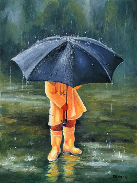 Boy With Umbrella ORIGINAL Painting, Rainy Day Artwork, Little Boy ...