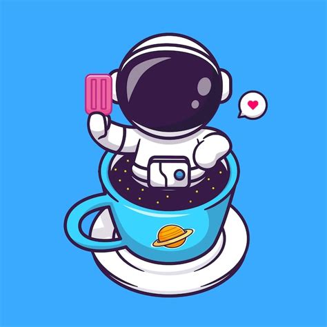 Bonito astronauta relaxando no espaço de café e segurando sorvete