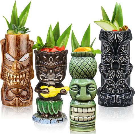 Tiki Mugs Glasses Tiki Mug For Cocktails Set Of 4 Large Ceramic Tropical Cups Hawaiian Tiki