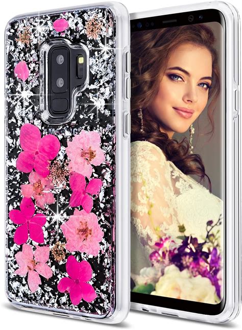 Coolden Case For Galaxy S9 Plus Case Luxury Glitter Case With Dried Natural Flower