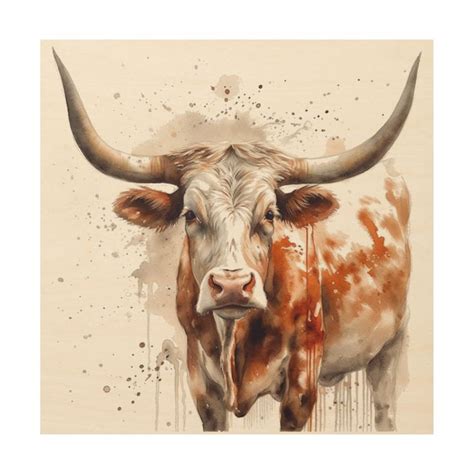 watercolor painting of a longhorn cow wood wall art | Longhorn cow ...