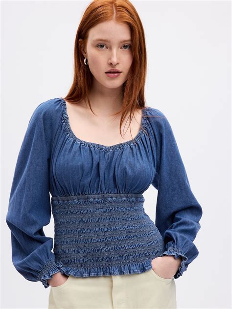 Puff Sleeve Smocked Denim Top Gap