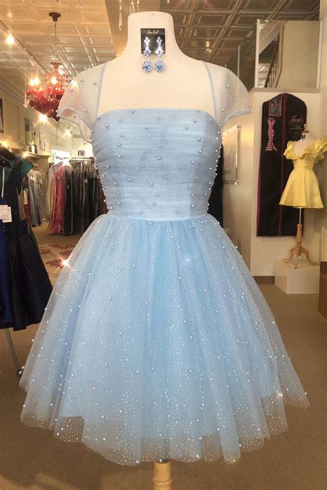 Sparkle Beaded Cap Sleeves Light Sky Blue Tulle Homecoming Dress