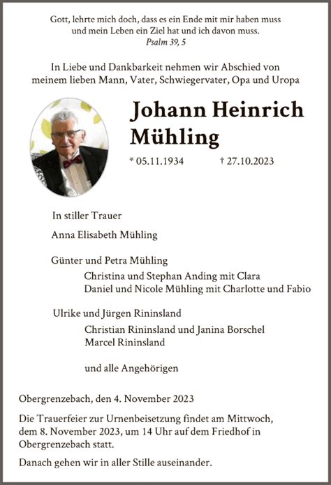 Traueranzeigen von Johann Heinrich Mühling Trauer HNA de