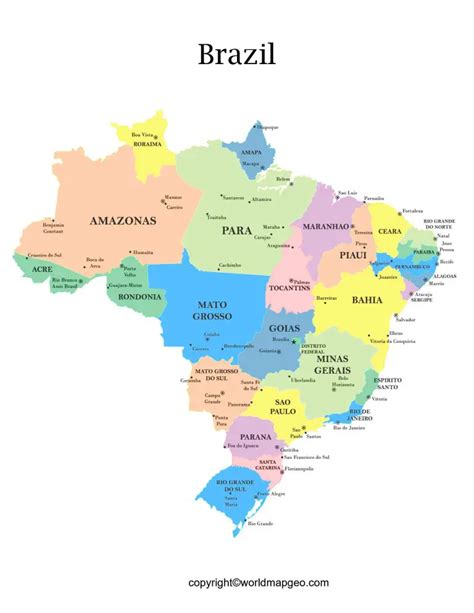 Labeled Brazil Map with States, Capital and Cities