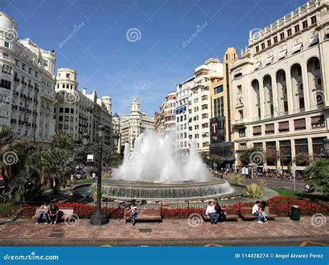 Beautiful View Of The Fountain And The City Center Of Valencia Spain