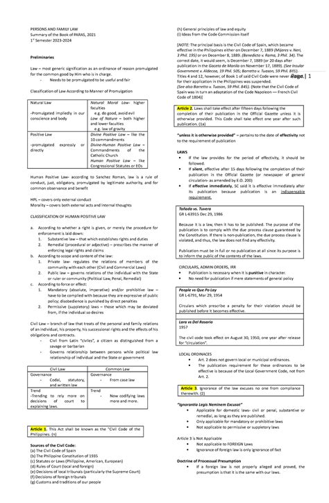 PFR-Reviewer-2023 - Article 1-18 summary - Civil Code of the Philippines Annotated: Arts. 1-413