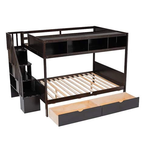 Twin Over Full Bunk Bed With Shelfs Storage Staircase And 2 Drawers