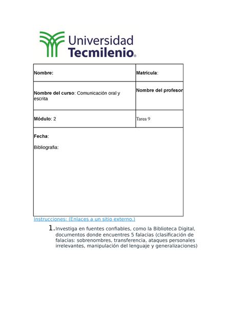 Comunicacion Oral Tarea Tecmilenio Universidad Nombre Matr Cula