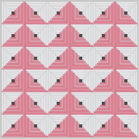 A Pink And White Quilt With Black Squares On The Front In An Abstract