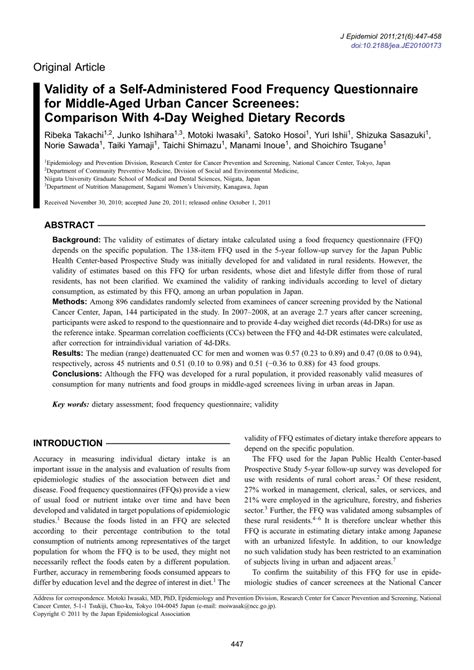 Pdf Validity Of A Self Administered Food Frequency Questionnaire For