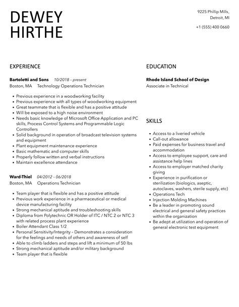 Operations Technician Resume Samples | Velvet Jobs