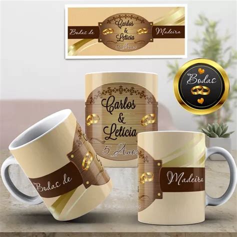 Kit Duas Caneca Bodas De Madeira Caixinha Opção 02