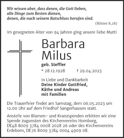 Traueranzeigen Von Barbara Milus Abschied Nehmen De