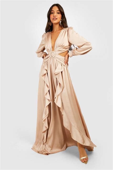 Satin Ruffle Plunge Maxi Dress Boohoo