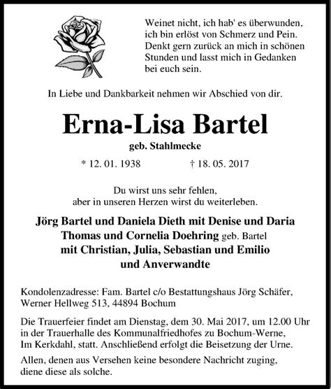 Traueranzeigen Von Erna Lisa Bartel Trauer In NRW De