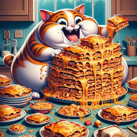 A cat eating lasagna, but GPT progressively adds more lasagna : r/ChatGPT