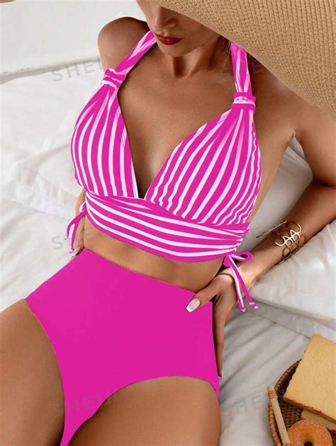 Shein Swim Top De Bikini A Rayas Con Cuello Halter Y Parte Inferior De