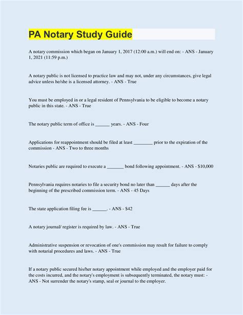 PA Notary Study Guide 50 Questions With 100 Correct Answers