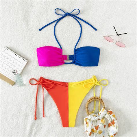 Lace Up Panel Solid Color Sexy Split Bikini On Luulla