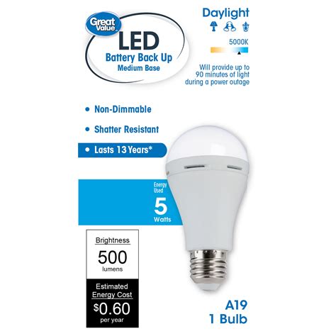 Great Value LED Light Bulb 9 Watts 60W Equivalent A19 Battery Backup