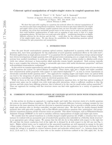 Pdf Coherent Optical Manipulation Of Triplet Singlet States In