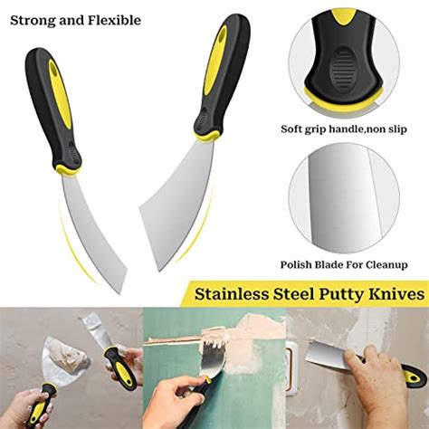 Drywall Knife Set, 7 Pieces Stainless Steel Drywall Hand Tool Kit Includes Taping Knife, Putty ...