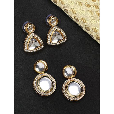 Buy OOMPH Combo Of 2 Gold Tone Jadau Kundan Ethnic Drop Earrings For