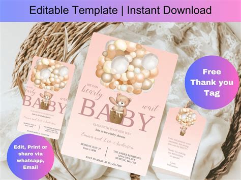 Editable Teddy Bear Hot Air Balloon Baby Shower Invitation Girl Pink Teddy Bear Baby Shower We