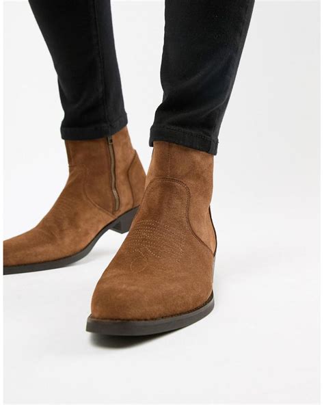 Asos Cuban Heel Western Boots In Tan Suede With Stitch Detail In Brown For Men Lyst