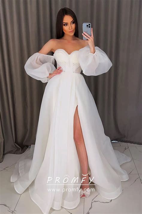 Ivory Organza Off Shoulder Puff Sleeve Bridal Ball Gown Promfy