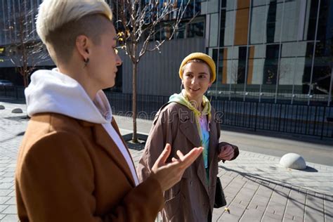 Brunette And Blonde With Stylish Haircut Spend Day Off Together Stock Photo Image Of Love