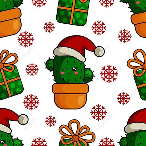 Christmas Seamless Pattern With Kawaii Smiling Cactus Or Succulent In