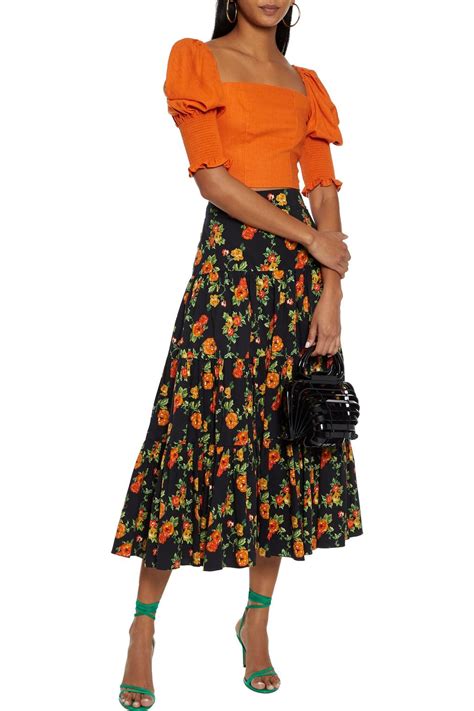 Caroline Constas Gathered Floral Print Cotton Blend Poplin Midi Skirt