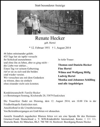 Traueranzeigen Von Renate Hecker Wirtrauern