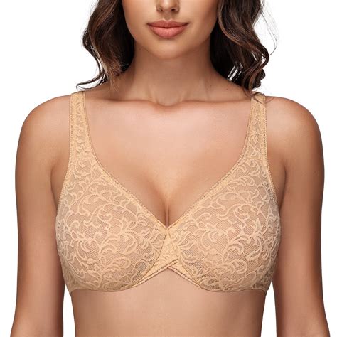 Wingslove Womens Sexy Sheer Lace Push Up Bra Underwire Mesh Plunge Bralette Unlined Bra Nude