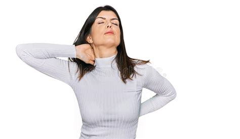 Beautiful Brunette Woman Wearing Casual Clothes Suffering Of Neck Ache Injury Touching Neck