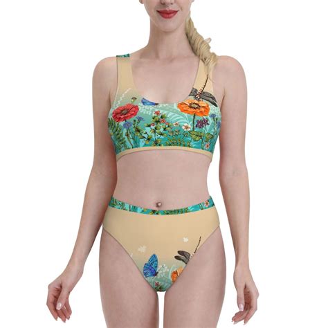 Adobk Colorful Plants And Insects Print Women High Waisted Bikini Set