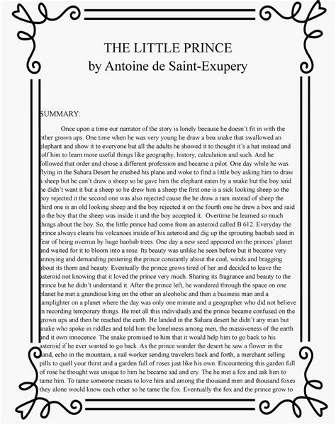 THE Little Prince - Summary - THE LITTLE PRINCE by Antoine de Saint