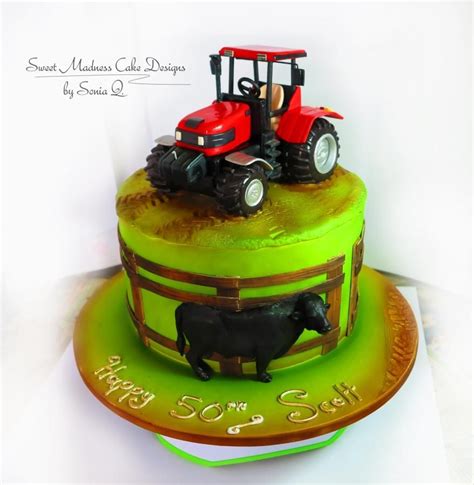 Red Tractor On An Angus Cattle Farm Tractor Birthday Cakes Farm Cake