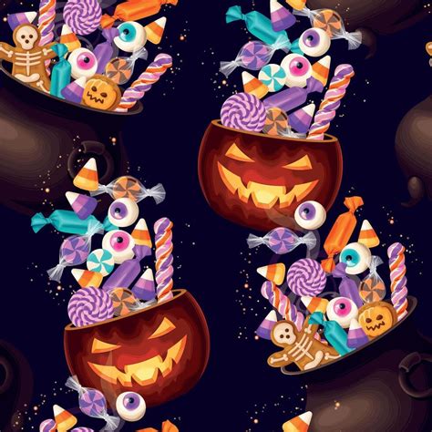 Sweets Candies And Colorful Lollipops In Cauldron Halloween Seamless